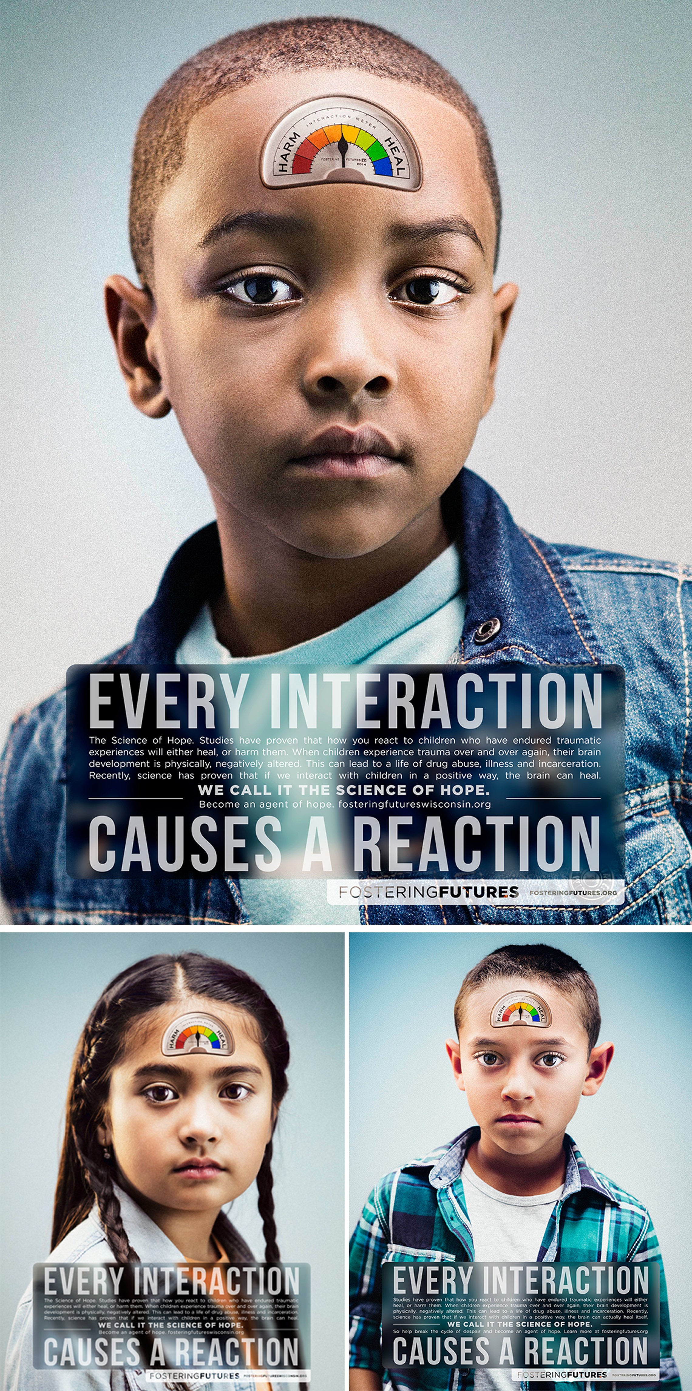 Fostering Futures print ads collage "every interaction causes a reaction"