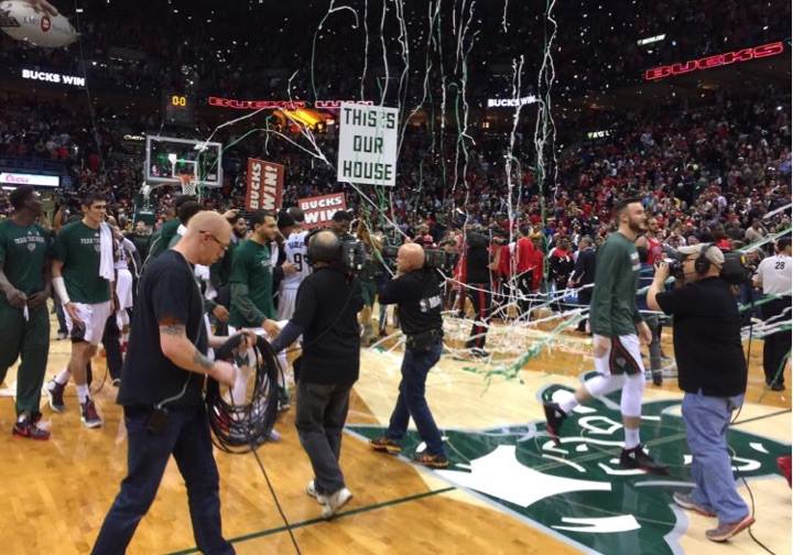 Milwaukee Bucks Celebrate A Win on the court 