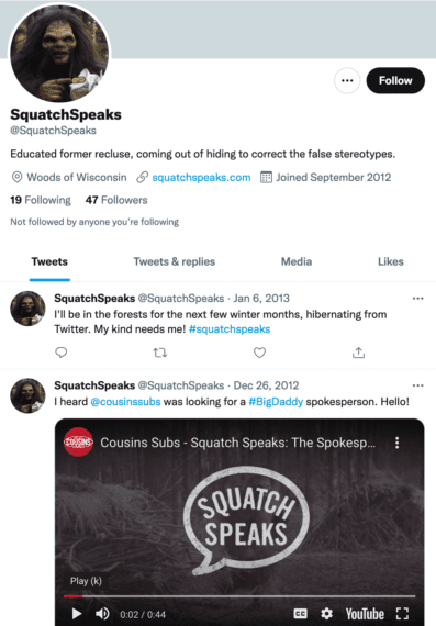 Cousins Subs Squatch Speaks Twitter Profile