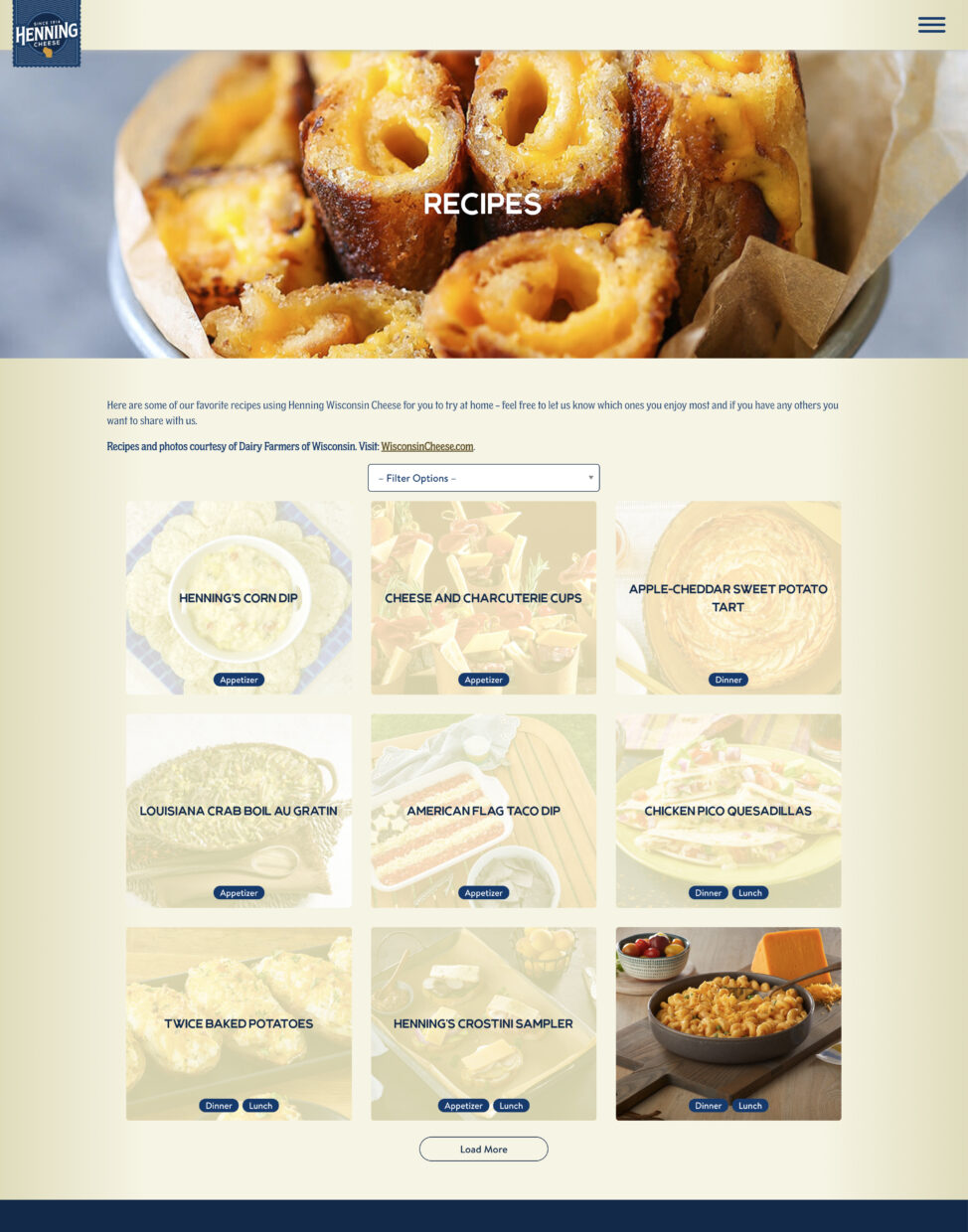 henning cheese website recipes page