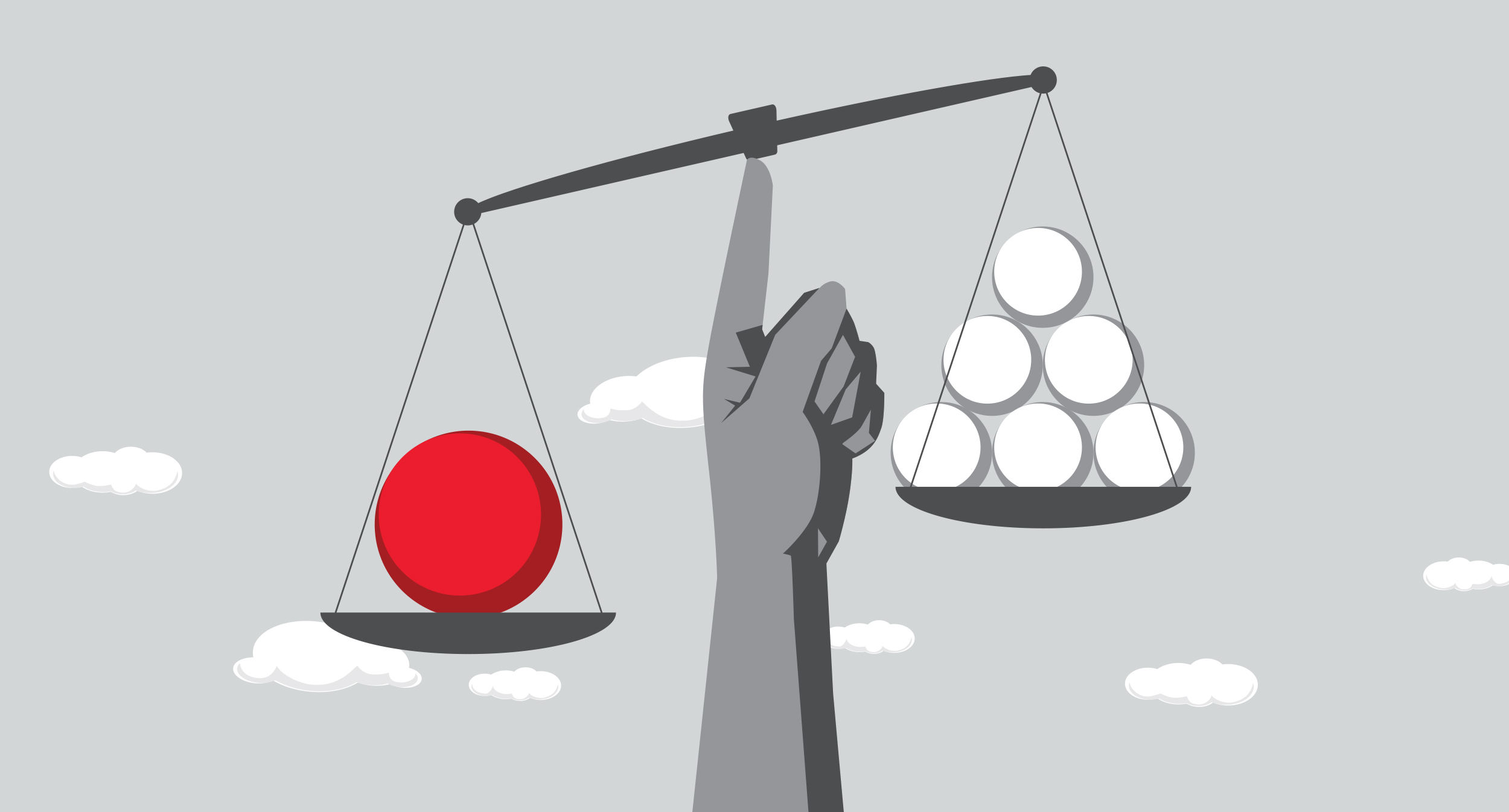 marketing investment or cost center blog header, scales tipping and balancing